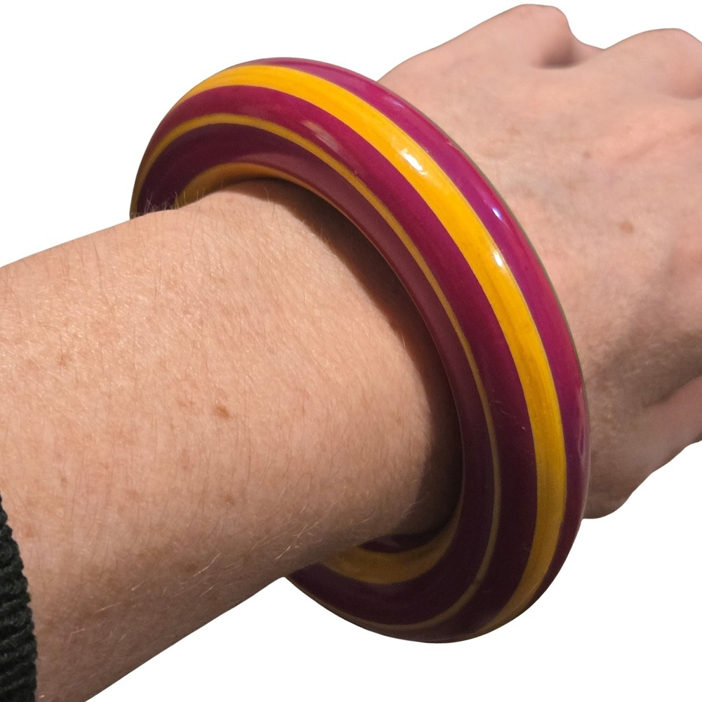 Vtg Style Striped Resin Bangle Bracelet Purple Yellow Green Chunky Statement 80s